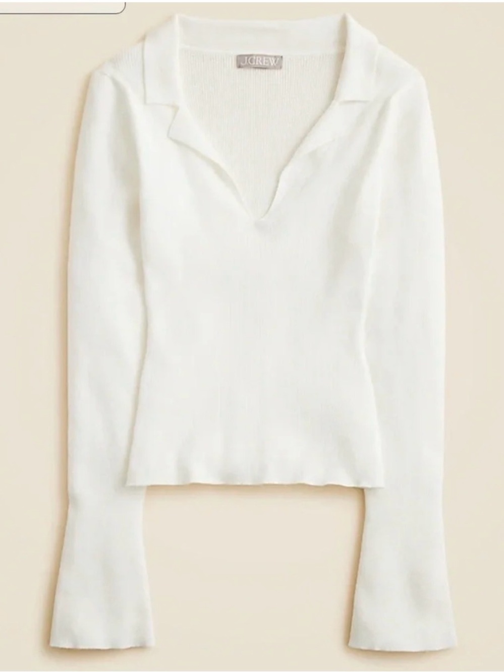 J. Crew White Ribbed V-Neck Collared Long Sleeve Top
